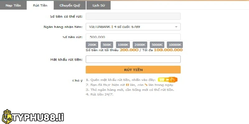 Người chơi cần tạo mật khẩu rút tiền Typhu88